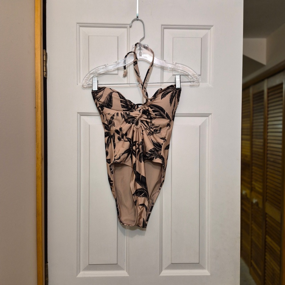 Shade & Shore Women Tan Black Tropical Leaf Halter One Piece Swimsuit Small 4-6